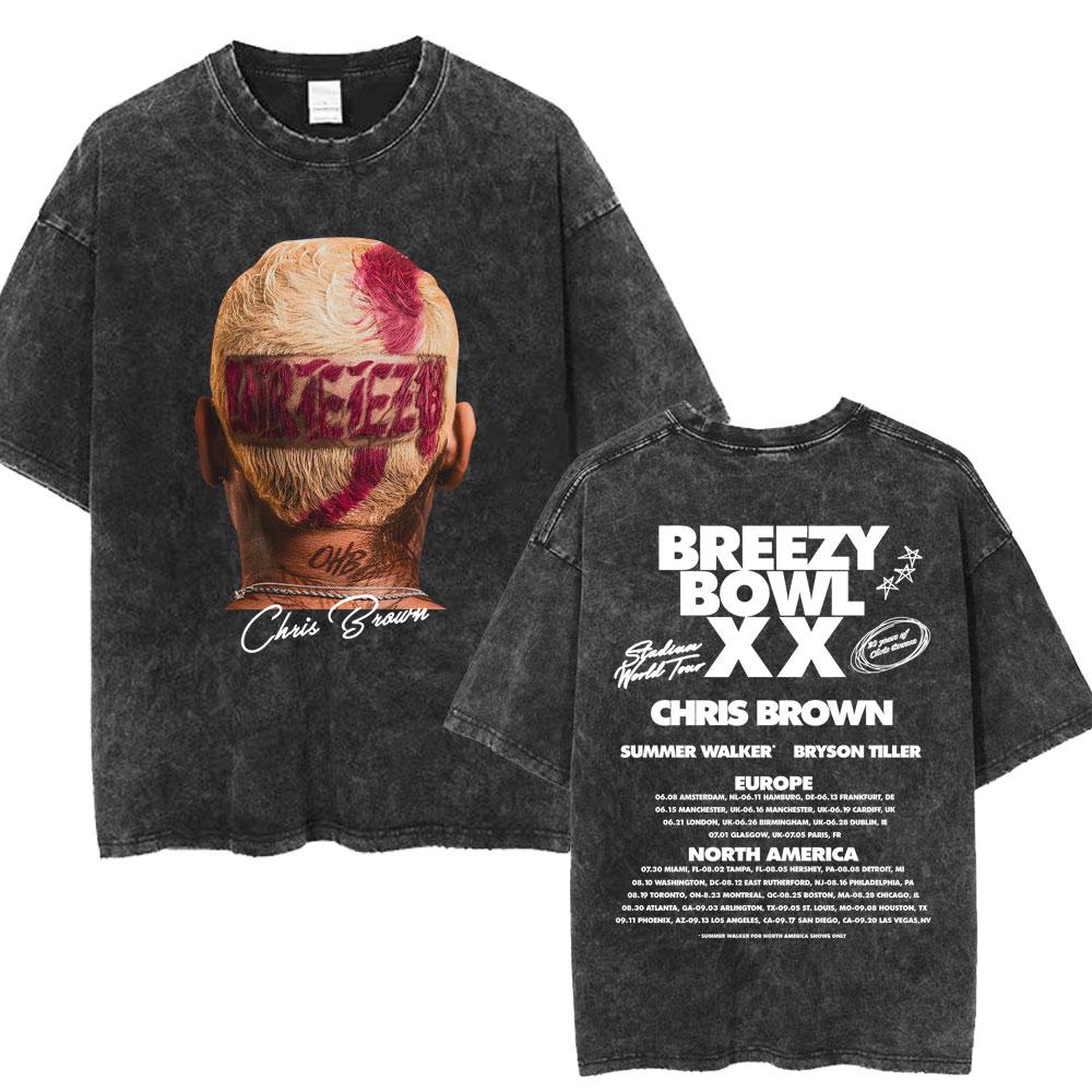 Chris Brown Breezy Bowl XX Concert Tour Washed T Shirts Vintage Hip Hop Gothic T Shirt Mens Oversized Cotton Tshirt Streetwear