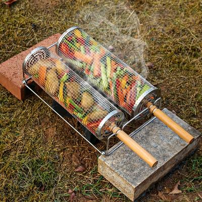 2 Pezzi Cesto da Grigliata in Acciaio Inossidabile con Manico in Legno, Vassoio a Rete Staccabile, Adatto per Verdure e Gamberetti, Accessorio Essenziale per Barbecue all'Aperto