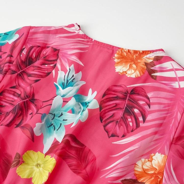 Women Floral Print Summer Dress V Neck Short Sleeve Wrinkle Free Belted