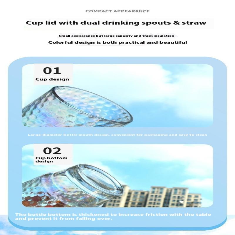 Tasse en Verre à Revêtement Coloré Portable Ménagère Mug pour Boisson Jus Café Glacé avec Couvercle en Plastique et Paille en Verre