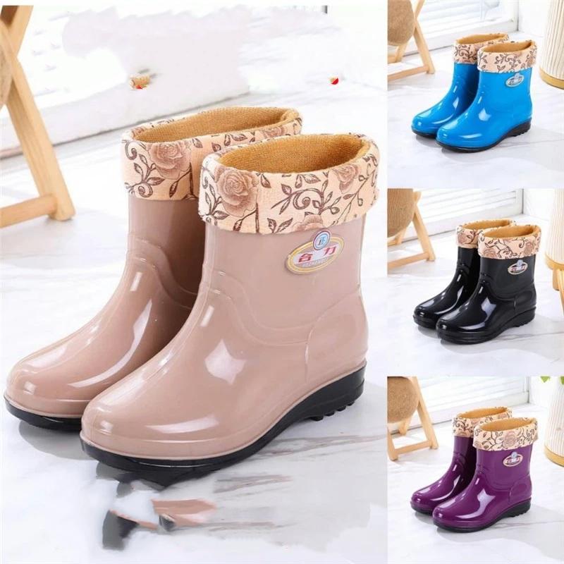 Women's Autumn And Winter Midsole Thick Soled Warm And Velvet Anti Slip Waterproof Shoes Rain Boots Rubber Shoes
