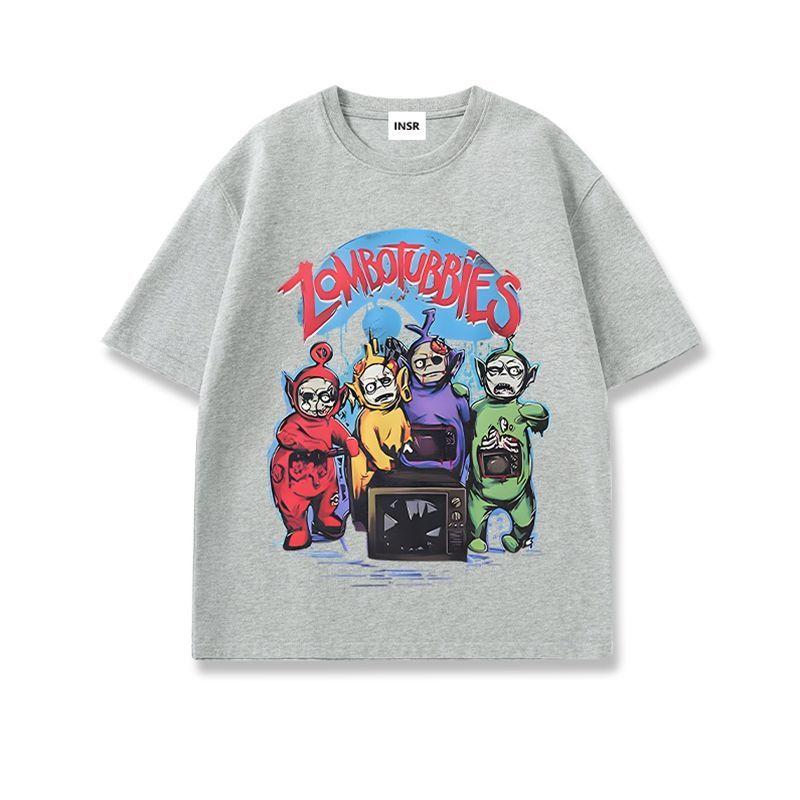 Halloween Horror Abstraktes Teletubbies Bedrucktes T-Shirt Kurzarm Baumwoll-Top Herren Rundhals Trendiges Übergröße Sommer T-Shirt