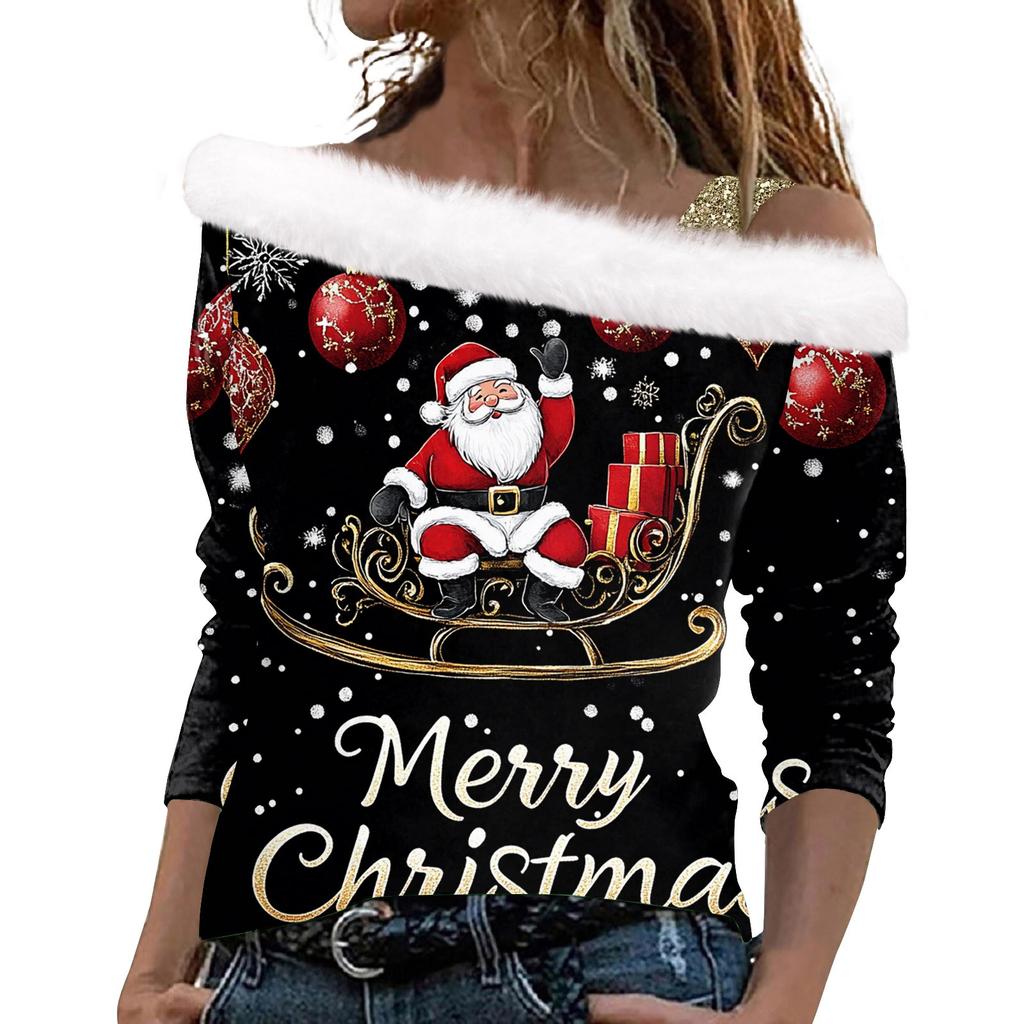 Kadın Günlük Uzun Kollu Omuzdan Askılı Noel Baskılı Peluş Moda Üst