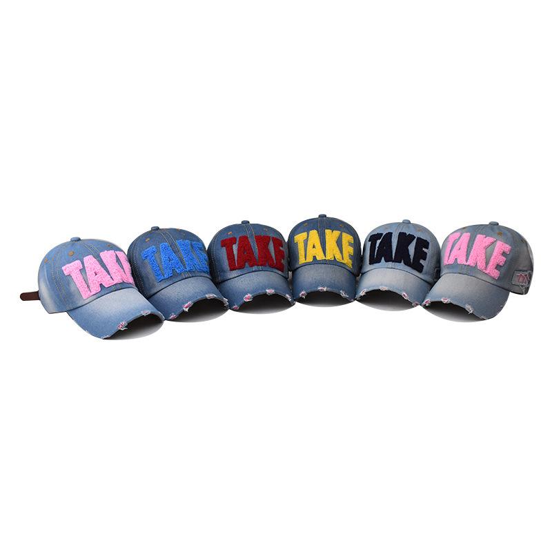 Men's and Women's TAKE Denim Baseball Caps, Washed Large Embroidered Denim Caps, Simple and Versatile Hats