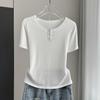 Women Modal Ribbed Button Round Neck Short Sleeve Tee Slim Base Top Spring Summer