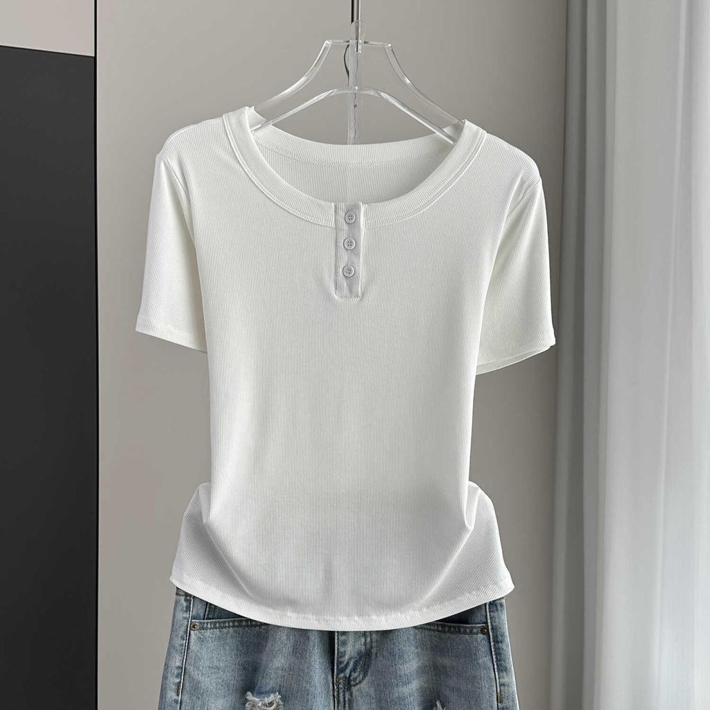 Women Modal Ribbed Button Round Neck Short Sleeve Tee Slim Base Top Spring Summer