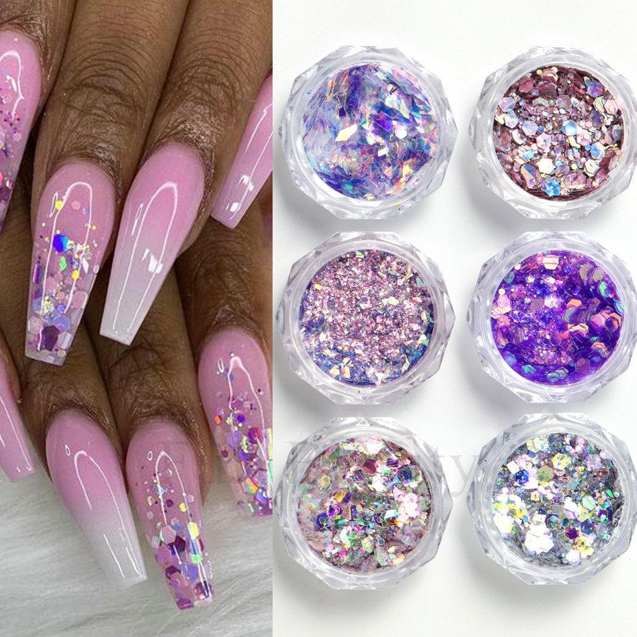 Nail Glitter, Lavender Purple Aurora Opal Sequin Glitter 6-Color Set Nail Glitter