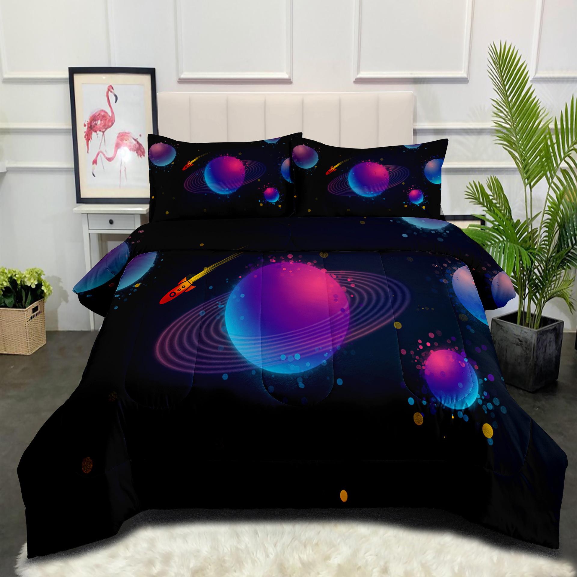 Space Galaxy Astronaut Comfortable Brushed Printing Fat Quilt Feather Silk Cotton Thickened Filled Quilt Cover Three-piece Set 140*200cm