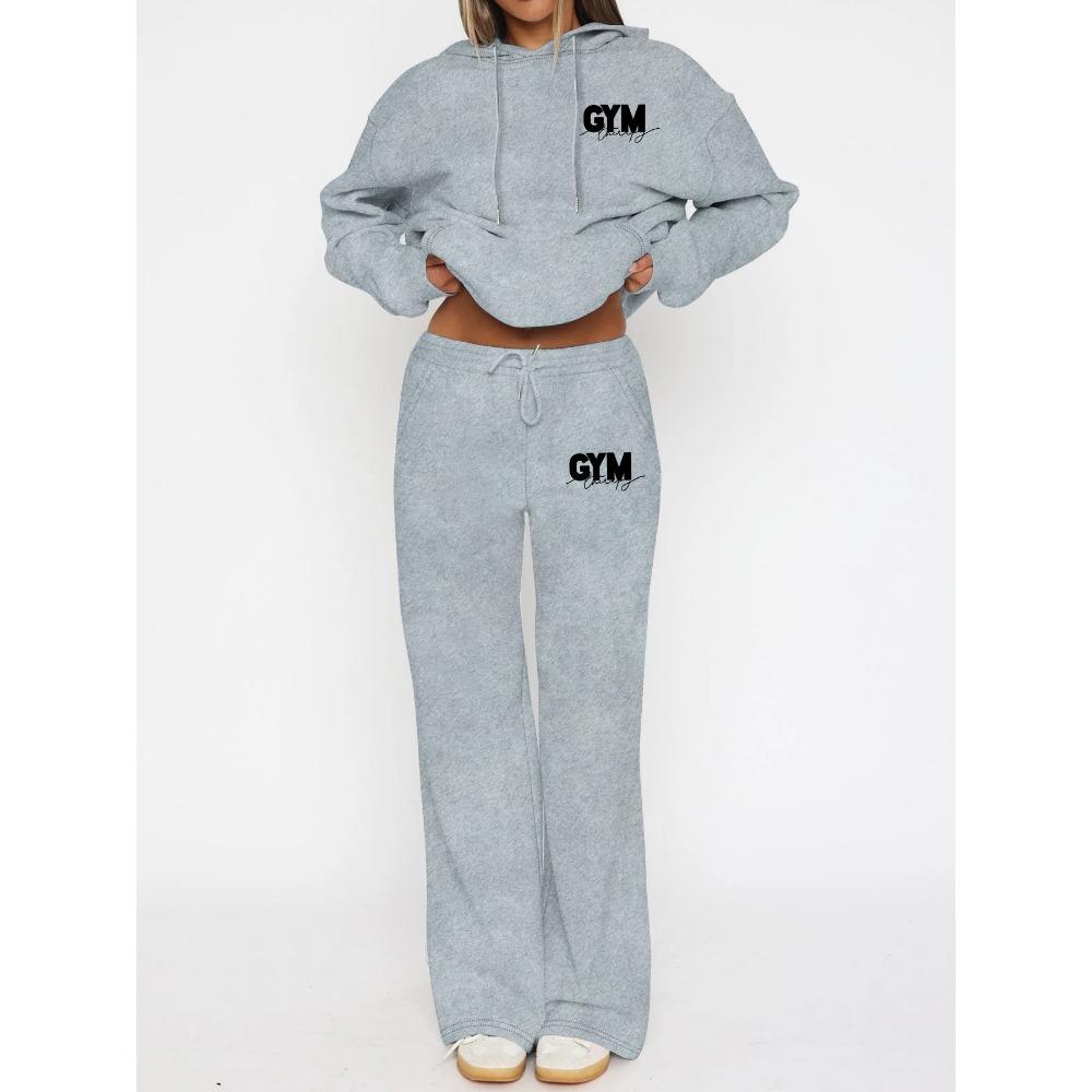 Set Trendy con Stampa di Lettere, Felpa con Cappuccio e Pantaloni Larghi da Ginnastica, Set Due Pezzi Pigro Casual, Set Stile Street