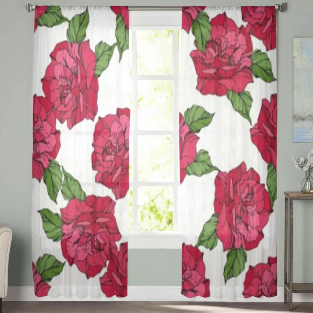 Spring Leaf And Flowers Sheer Curtains For Living Room Modern Fashion Valance Curtains For Kitchen Tulle Curtains