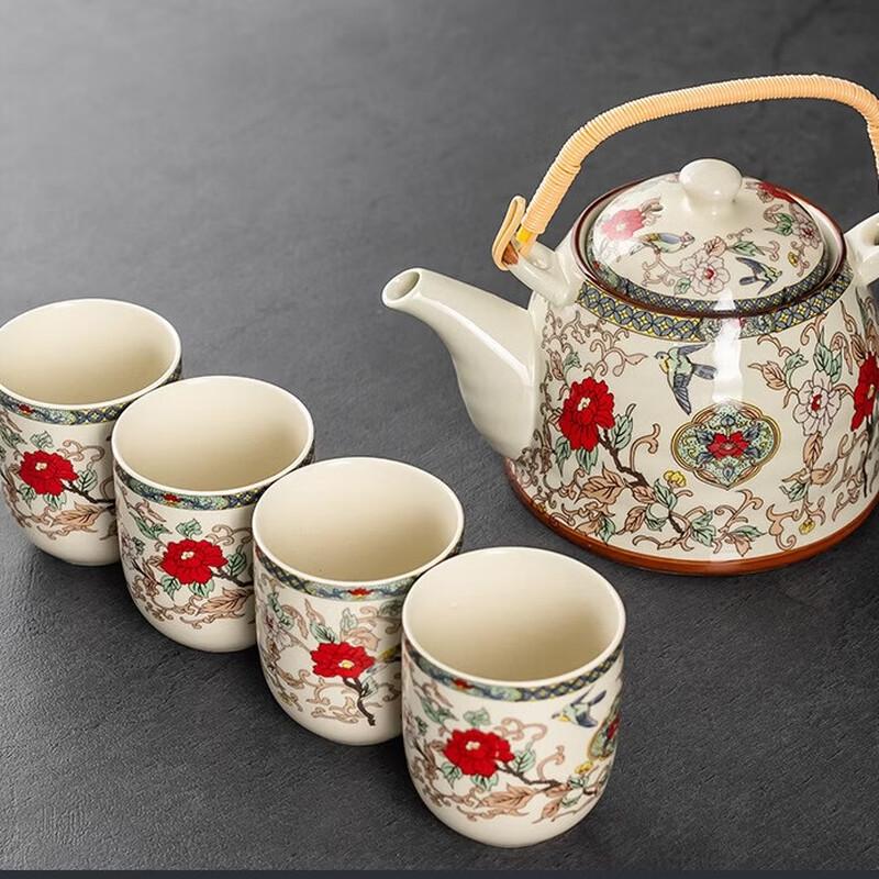 Pabei Retro Ceramic Teapot Set with Beam Handle and 4 Cups