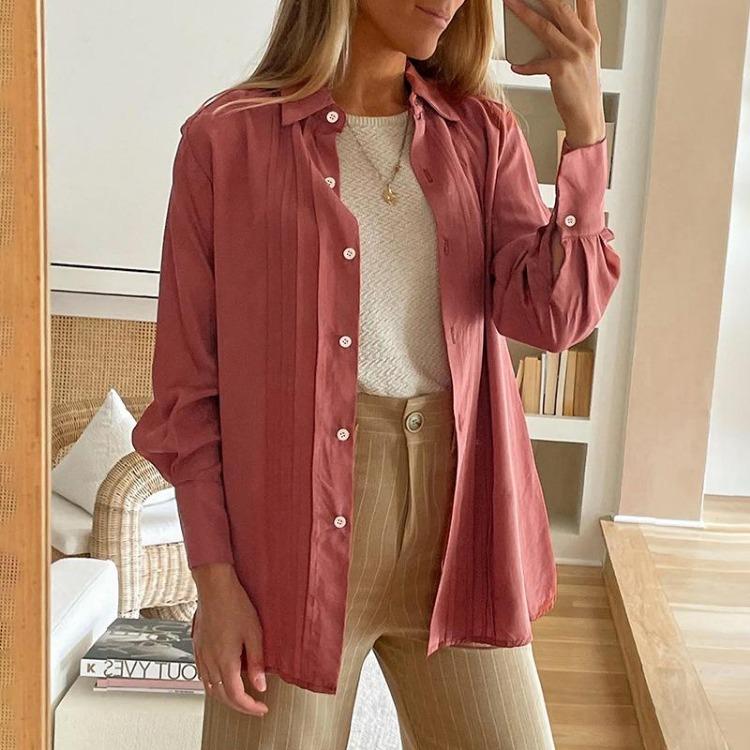 Women Solid Color Long Sleeve Casual Streetwear Top Blouse Tee Shirt Turndown Collar Ladies T-Shirt