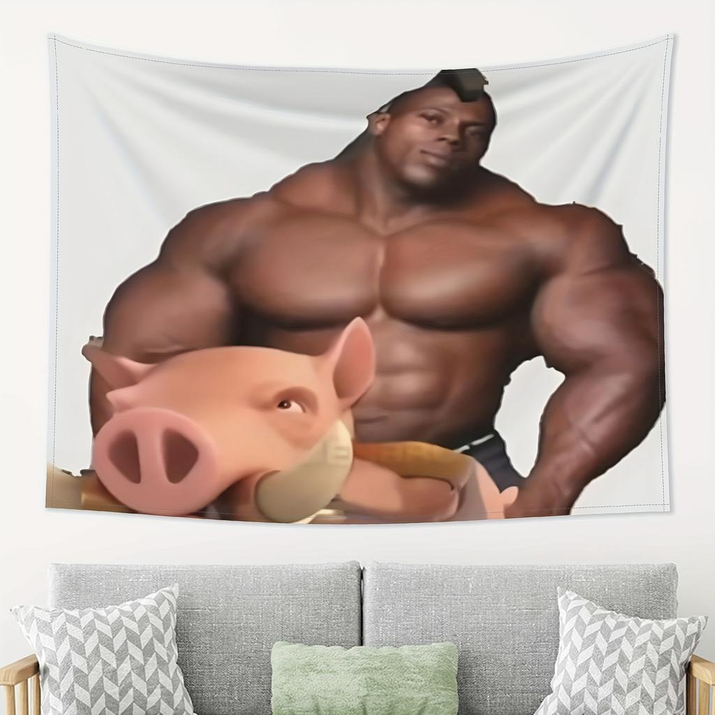 VIKAMA Muscle Man and Pig Tapestry Fun Bedroom Dormitory Wall Hanging Fabric Living Room Home Decoration