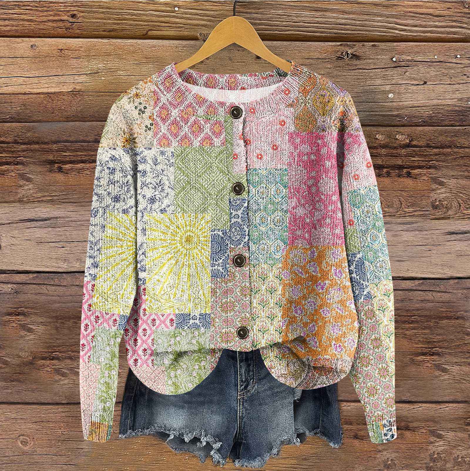 

Женский винтажный вязаный кардиган на пуговицах с винтажным принтом XXL