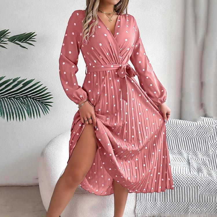 Women Long Sleeve A Line Long Dress High Waist Dot Pleated Autumn Winter Fashion