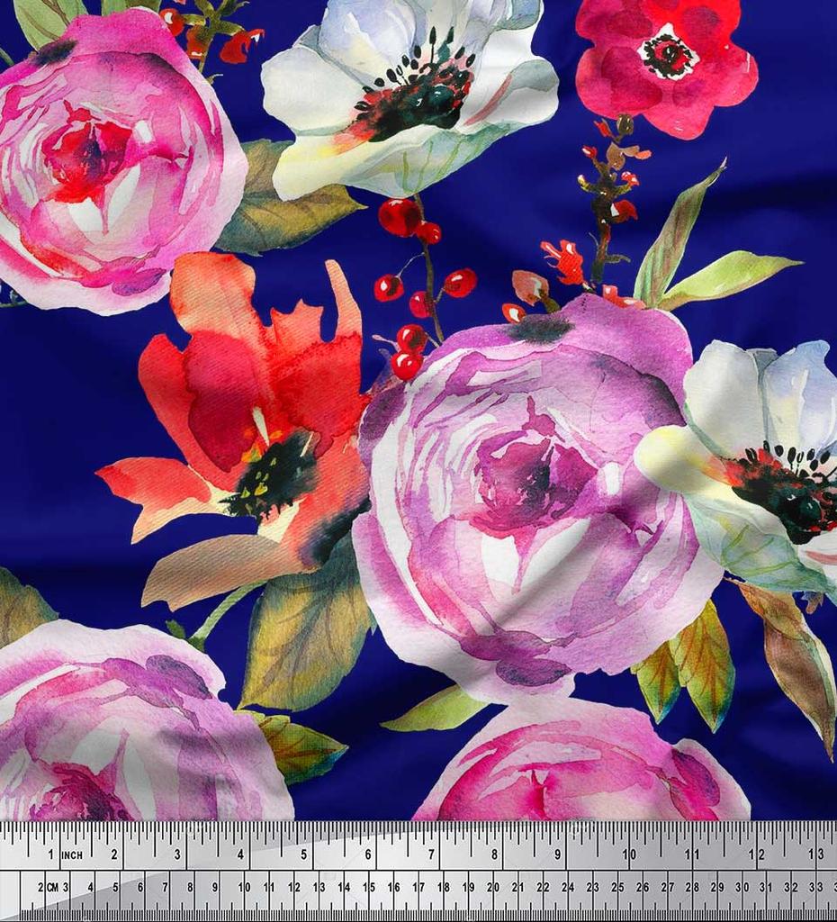 Soimoi Japan Crepe Satin Fabric Leaves,Poppy & Peony Flower Decor Fabric Printed Metre 42 Inch