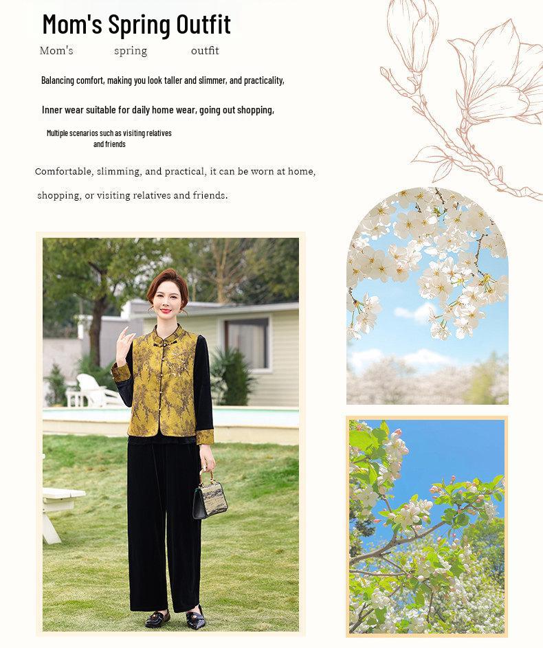 Mother's Day Spring Velvet Suit: Elegant Chinese Style Three-Piece Vest Set for Middle-Aged and Elderly Women