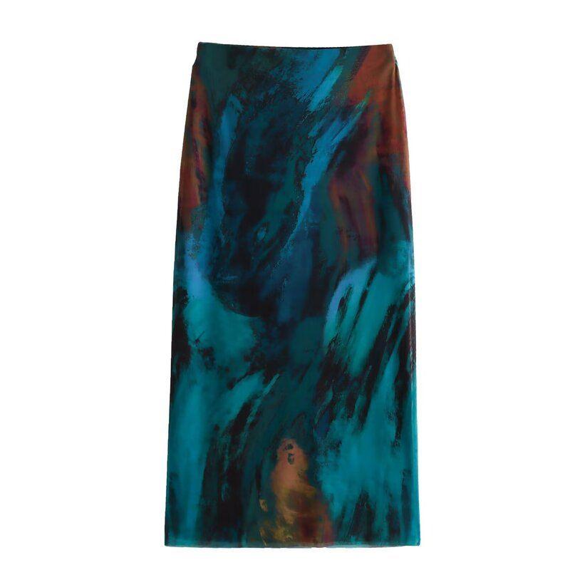 

Модный стиль 2023 Осень Новая женская одежда Принт Шелковая сетчатая футболка Юбка с высокой талией 5039416 120 Skirt L