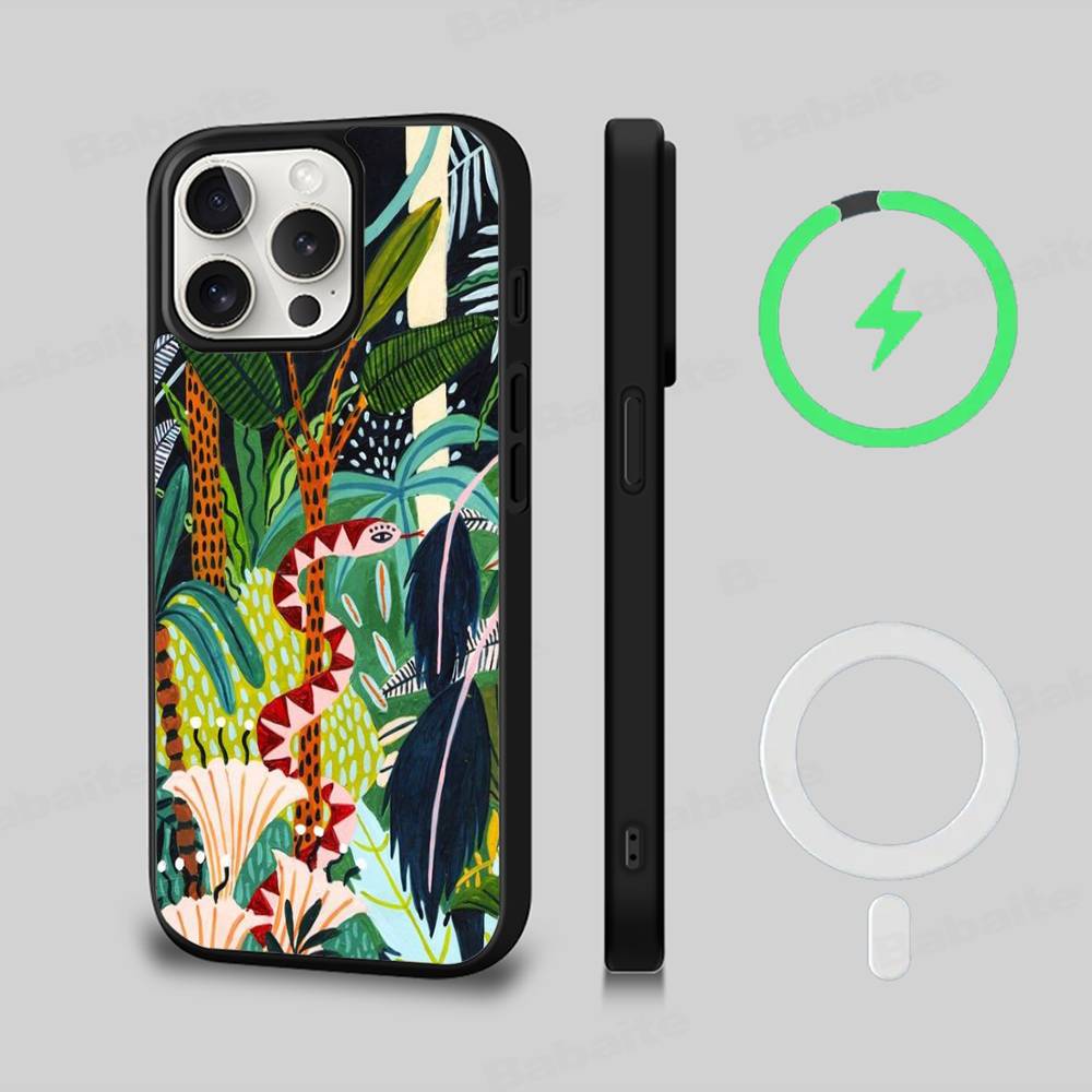 Jungle Art Illustration Snake Cats Sloth For Magsafe Phone Case For IPhone 16 15 11 12 13 14 17 Pro Max Plus Magnetic Wireless