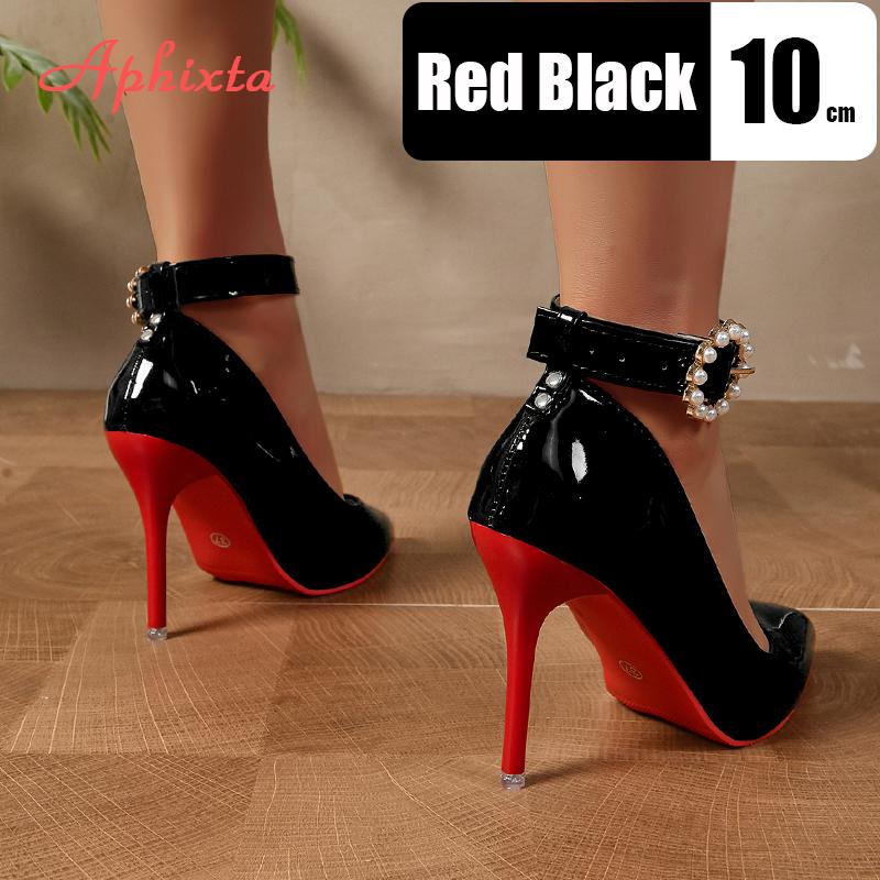 Fashion Aphixta Luxury Pearl Metal Belt Buckle 10cm Stiletto Heels Pumps Women Banquet Shoes Strap Pimp Pointed Toe Size 35-50