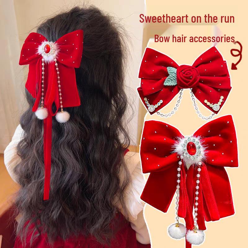 Girls' Chinese Style Red Bow Crown Hair Clip - New Year Headwear