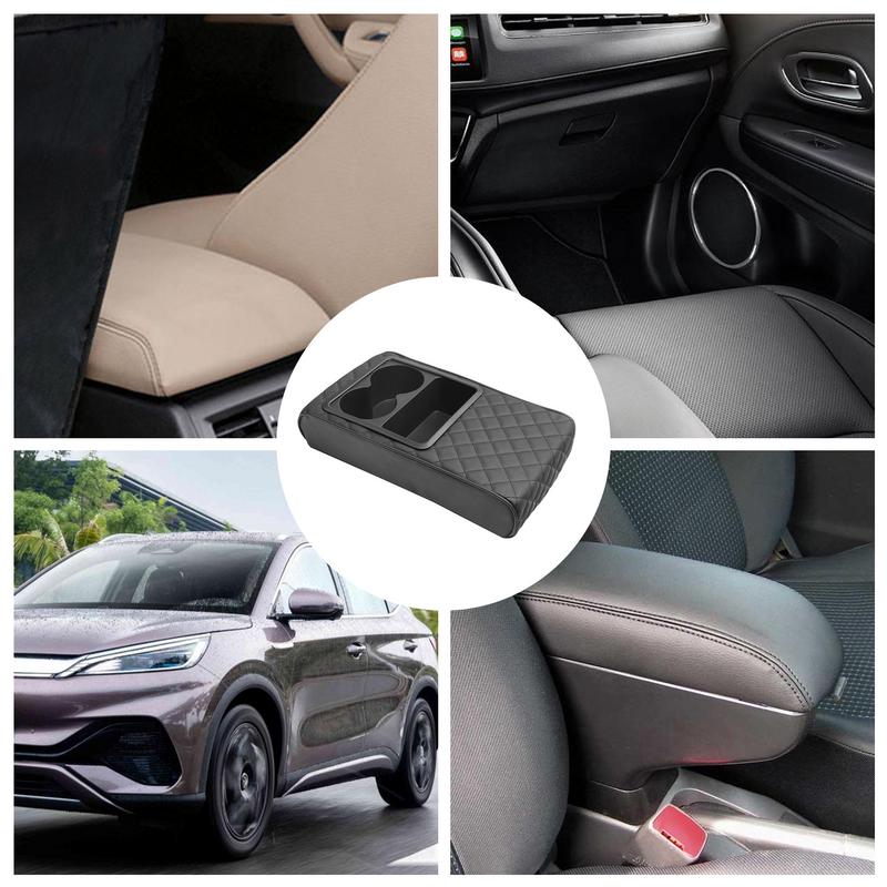 Arm Rest Cover for Car Waterproof PU Leather Armrest Box Mat with Cup Holder Armrest Box Pad Side Storage Pocket Accessories