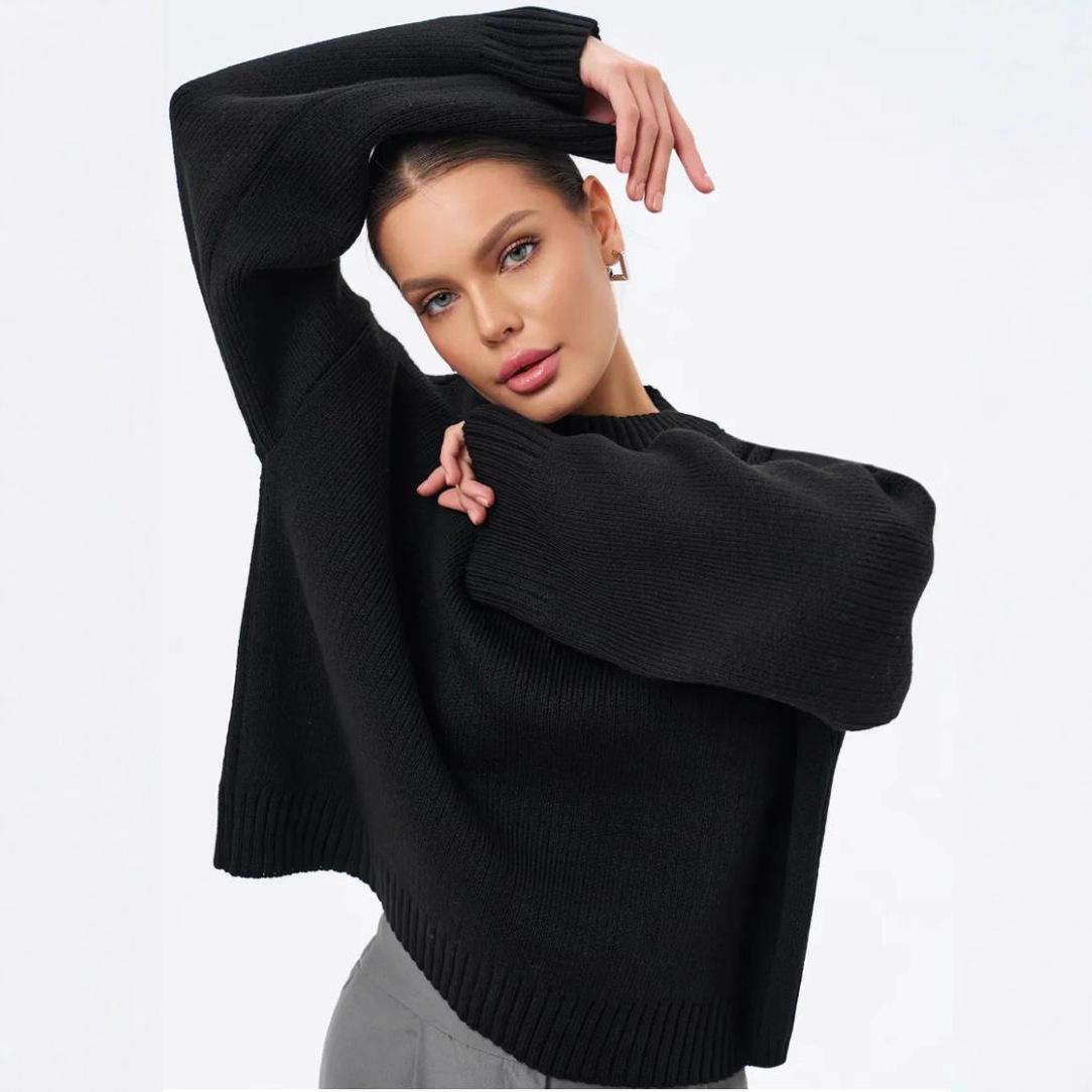 

Winter Round Neck Pullover Loose Solid Color Long Sleeved Sweater For Women L чёрный