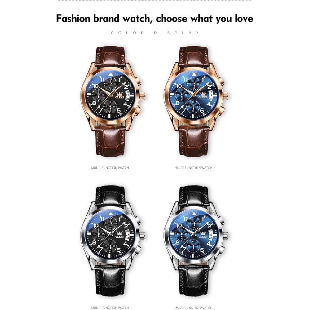OLEVS Men's Simple Stylish Waterproof Analog Watch Black Leather Strap Arabic Numerals Date Chronograph Quartz Blue Dial