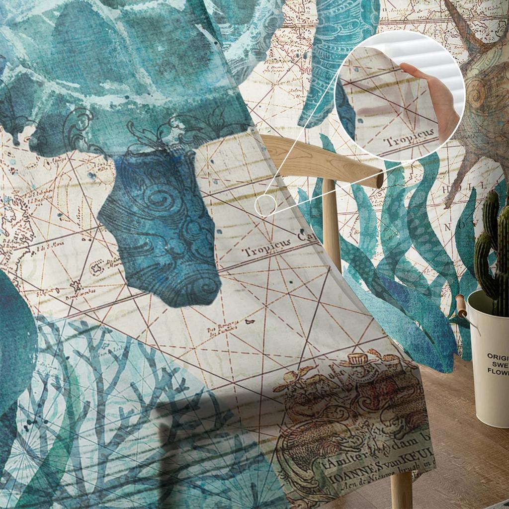 Sea Turtle Ocean Creature Landscape Voile Curtains Living Room Bedroom Transparent Tulle Window Drapes Curtain With Sheer Polyester Perfect For Area