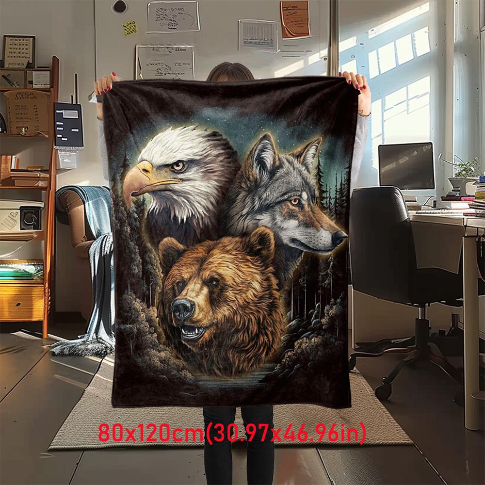 

1 шт. Фланелевое одеяло с принтом орла, волка, медведя, Высококачественное, Удобное для всех сезонов, Декор для дома, Тепло и уют, Идеально для рождественских подарков12 80cm x 120cm