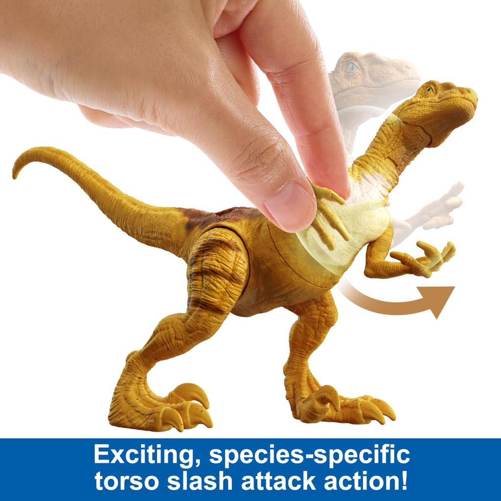 Mattel Jurassic World Atak Uderzeniowy Velociraptor Zabawka Dinozaur z Ruchomą Figurką Akcji Pojedynczego Uderzenia Prezent z Akcją Zabawy Fizycznej i Cyfrowej, Stawy,