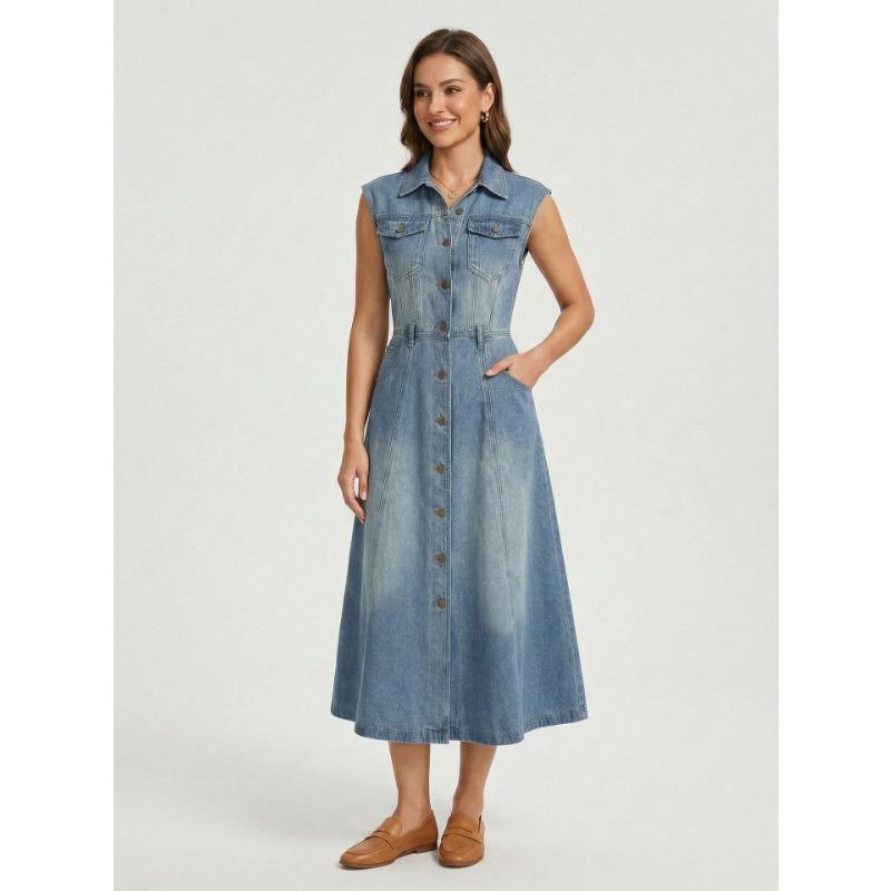 Fashion Washed Sleeveless Shirt Collar High Waist Denim Long Dress For Young Women