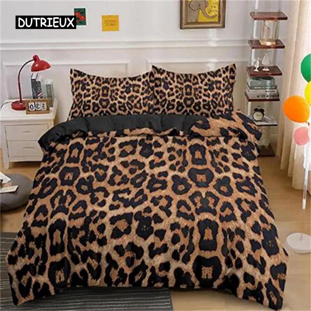 Leopard Print Duvet Cover Safari Cheetah Africa Animal Bedding Set Men Women Bedroom Decor Black and Brown Leopard Quilt Cover