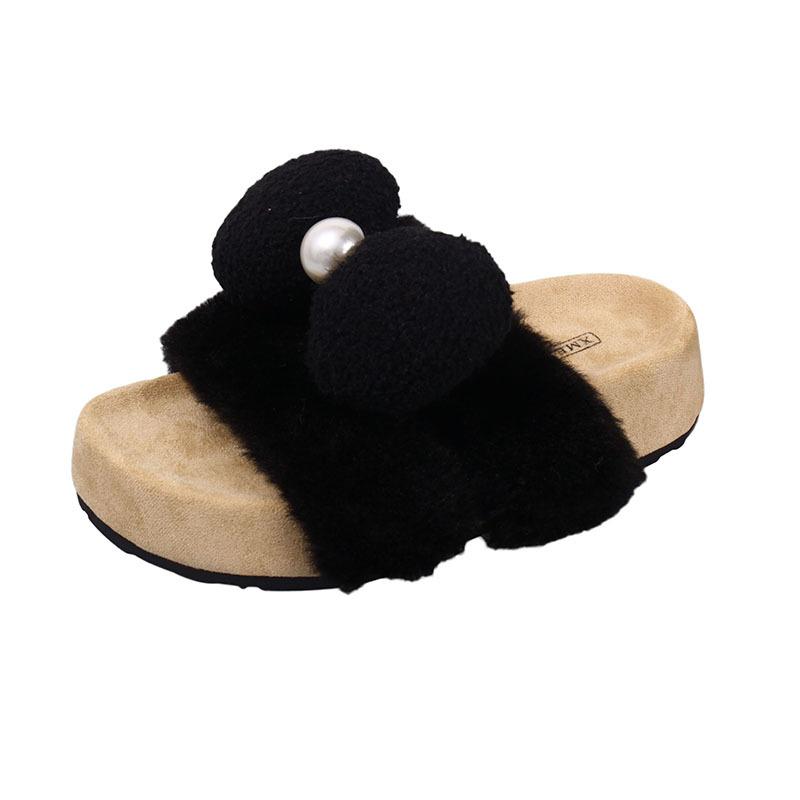 Perlen Schleife flauschige Hausschuhe Damen Herbst und Winter neu Zuhause Holzboden Wochenbett Plüsch Ein-Wort Baumwollhausschuhe