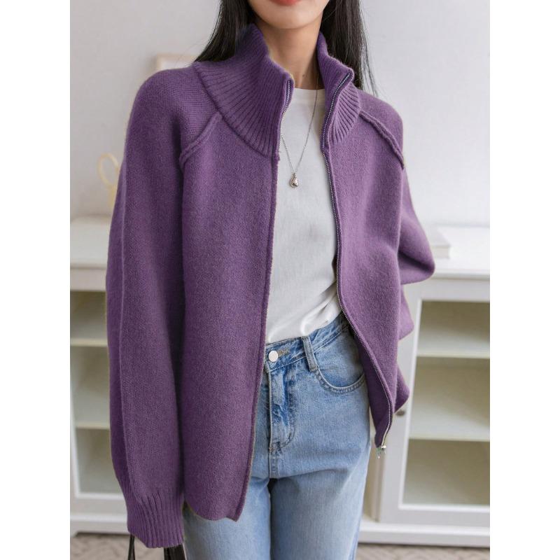 Sweater Jacket Ladies's Fall and Winter Solid Color Stand-up Collar Zipper Knitted Cardigan Top