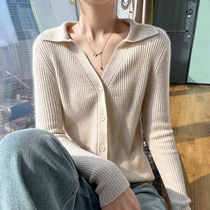 2024 Autumn/Winter Wool Lapel Cardigan with Pockets - Seven-Stitch, Thick, Solid Color Knitwear