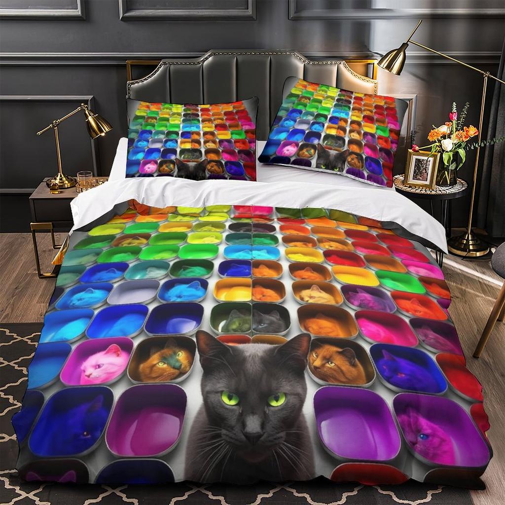 3D Digital Printing Color Cat Series Quilt Cover Pillowcase Two Or Three-Piece Set Polyester Abraded