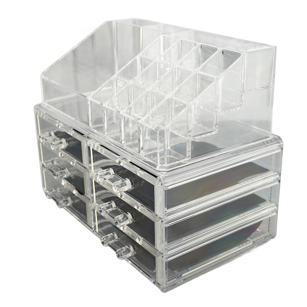 Przezroczysty organizer na kosmetyki z 6 szufladami 1 tacą, możliwość układania w stosy, gablota ekspozycyjna na kosmetyki do pielęgnacji skóry, na biżuterię, akcesoria do włosów