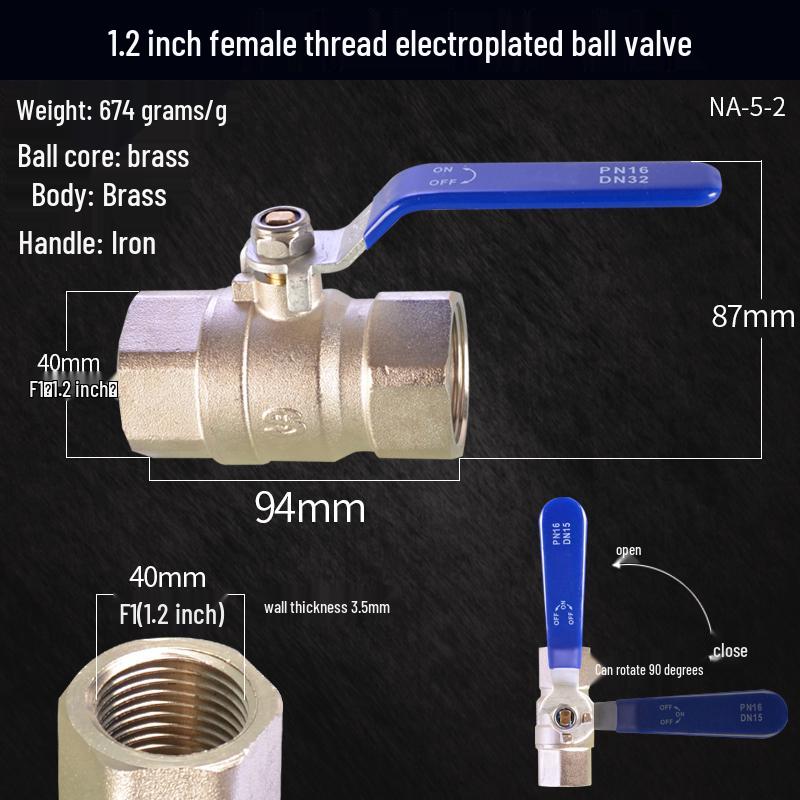 Large Flow 2-Piece Brass Ball Valve with Male/Female Threads for Water Pipes, Available In 1", 1.2", 1.5", and 2" Sizes