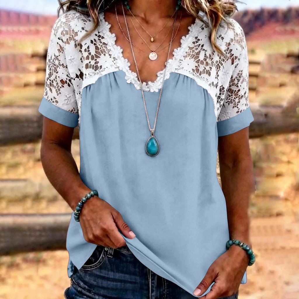 Women’s Short Sleeve Lace Patchwork Blouse V Neck Casual Loose Fit Top with Floral Crochet Design for Daily Wear