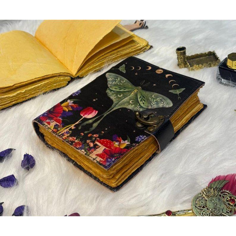 Luna Moon Moth Leather Journal – Handmade Vintage Diary with Botanical & Mushroom Art, Antique Lock, Yellow Deckle Pages