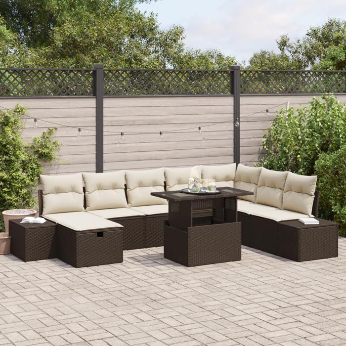 VidaXL Ensemble de canapé de jardin en 9 pièces avec coussins en poly rattan marron 3359895