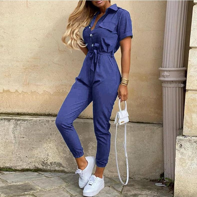 Spot 2026 spring and summer popular European and American women's clothing casual lapel printed belt tooling jumpsuit