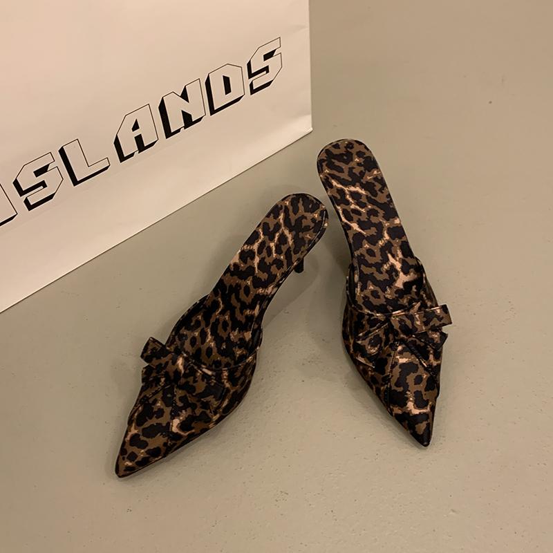 Fashion 2025 New High Quality Women Shoes Bow Knot Leopard Print High Heel Slippers Women Slippers Sandals