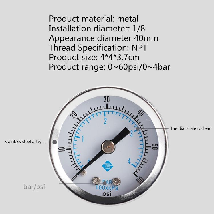 Portable Pressure Gauge 1/8-inch Thread Aluminum Pressure Meter Air Pressure