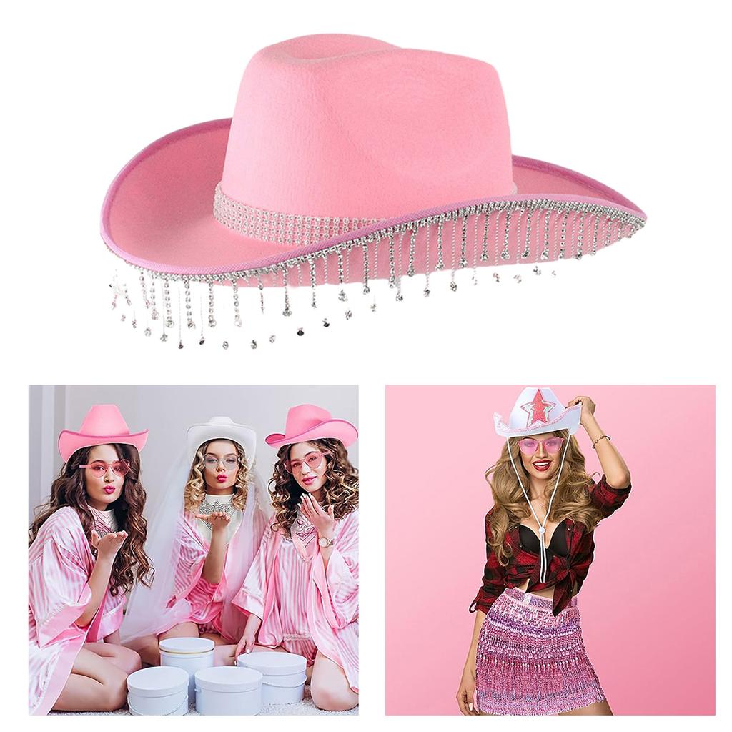 Rhinestone Tassels Cowboy Hat for Women Teens Breathable Wide Brim Beach Hat Music Festival Hat Bachelorette Party Cap