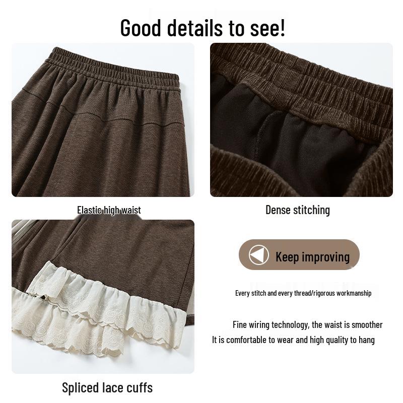 Women's Patchwork Lace Trim High-Waisted Wide-Leg Pants: Versatile, Slimming, Plus Velvet for Autumn/Winter 2025.