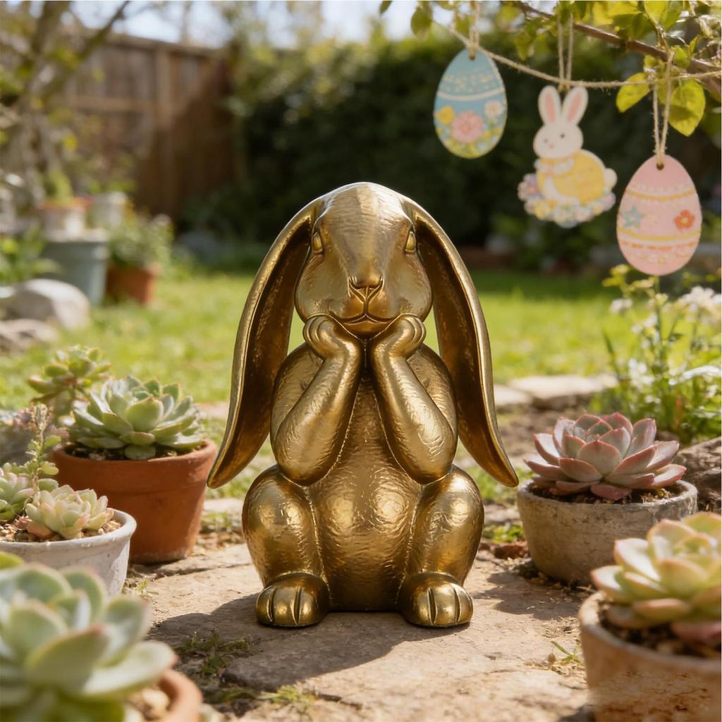 Gold Easter Bunny Figurine Thinking Rabbit Statue Spring Home Accents Resin Sculpture for Tabletop Shelf Farmhouse Office Decor
