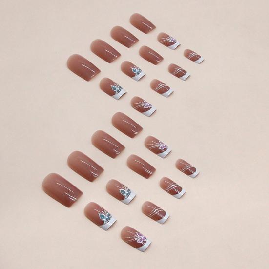 24Pcs Butterfly Fake Nails French Square Long Nail Extension Removable Home Salon Women Girls Full Cover Plastic Press on Nails Kit
