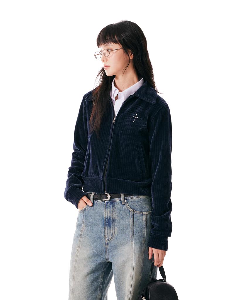 Iugamakaras Velor Collar Zip-Up Jacket (Navy)